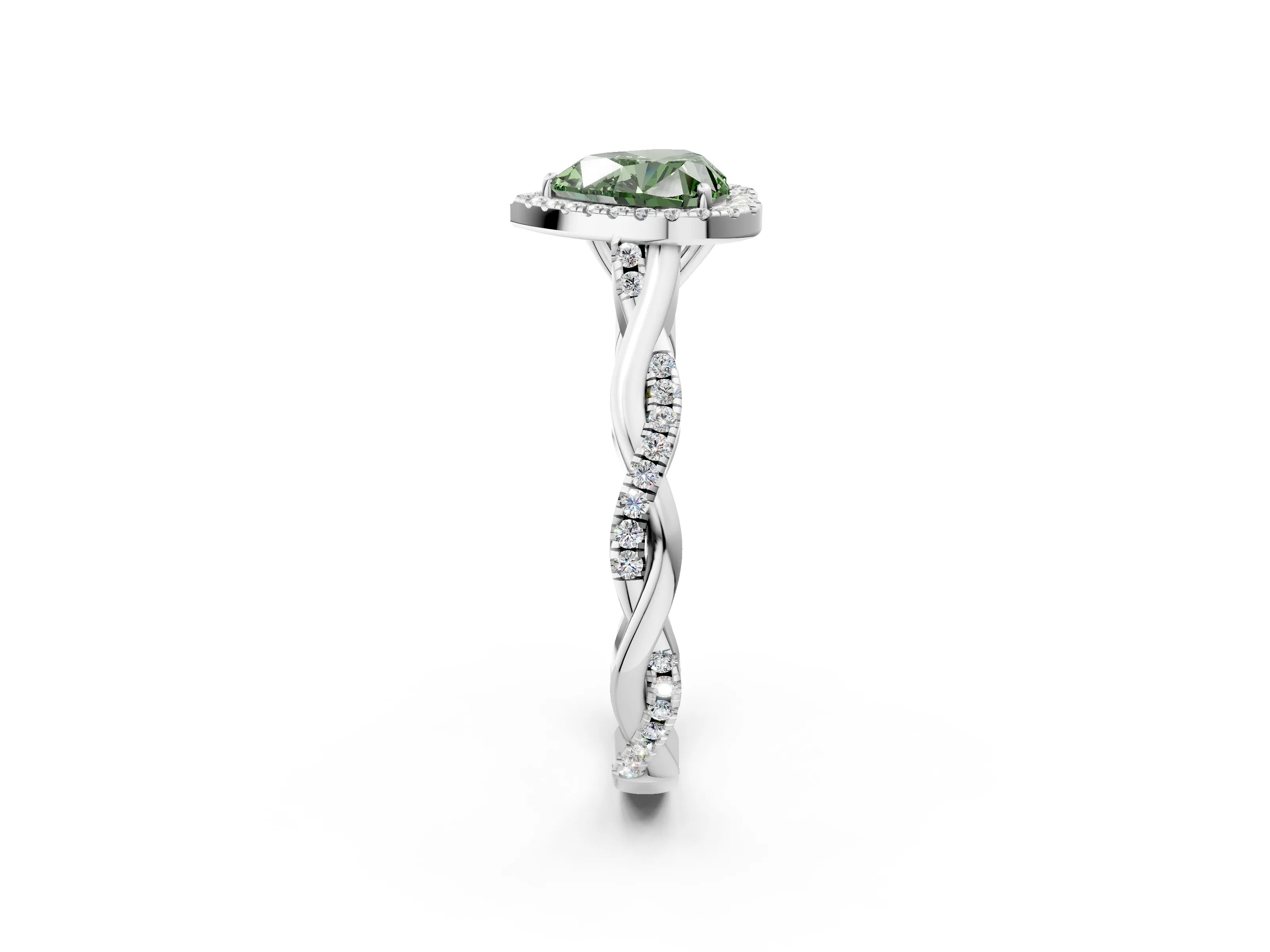 White gold Fancy Green Heart Cut Halo Twist Band with Four-Prong Setting_2