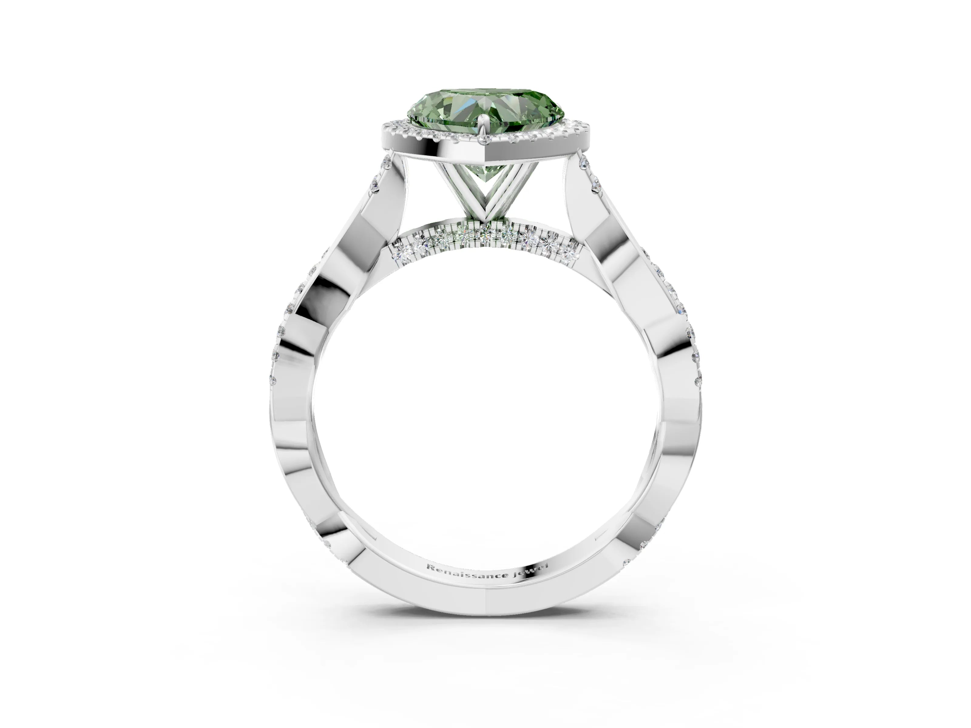White gold Fancy Green Heart Cut Halo Twist Band with Four-Prong Setting_3
