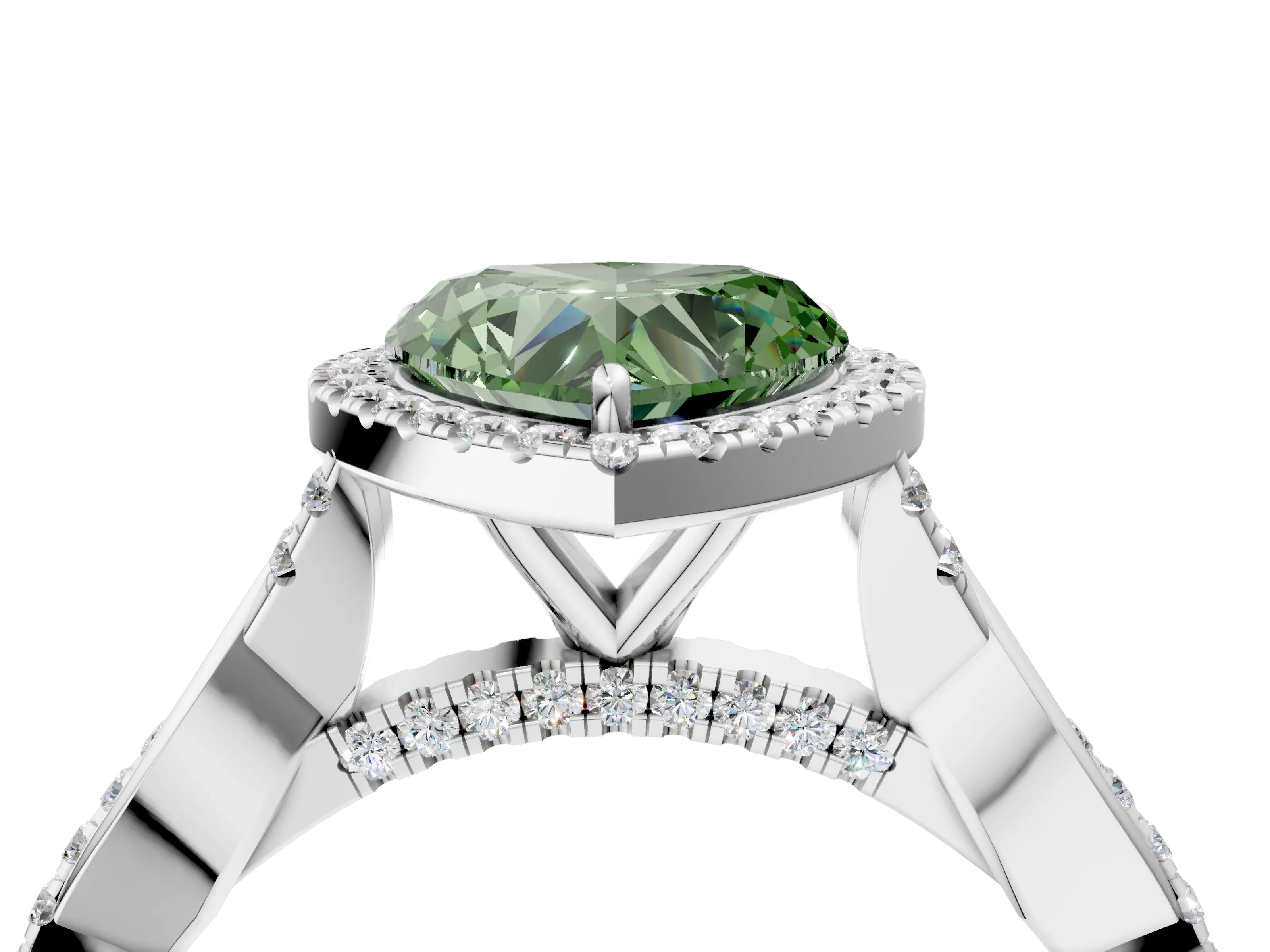 White gold Fancy Green Heart Cut Halo Twist Band with Four-Prong Setting_4