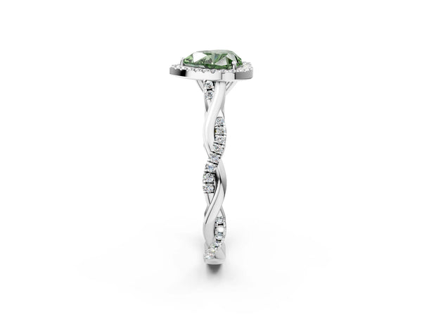 White gold Fancy Green Heart Cut Halo Twist Band with Four-Prong Setting