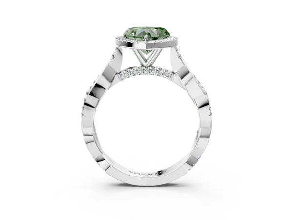 White gold Fancy Green Heart Cut Halo Twist Band with Four-Prong Setting