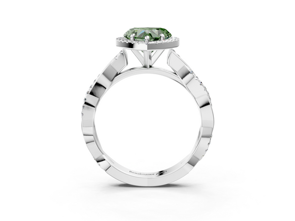 White gold Fancy Green Heart  Cut Halo Twisted Band Four-Prong Ring