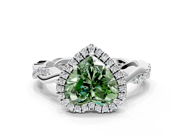 White gold Fancy Green Heart  Cut Halo Twisted Band Four-Prong Ring