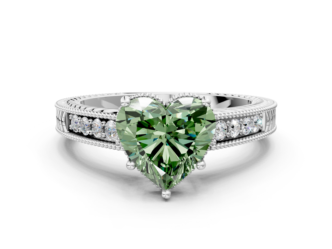 White gold Fancy Green Heart  Cut Milgrain Channel Set Engagement Ring with Solitaire Prong Setting