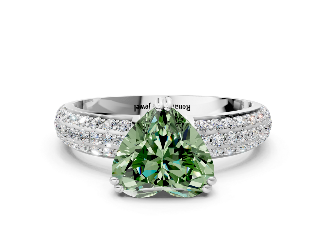 White gold Fancy Green Heart  Cut Pave Diamond Engagement Ring with Channel Set Band and Four-Prong Setting
