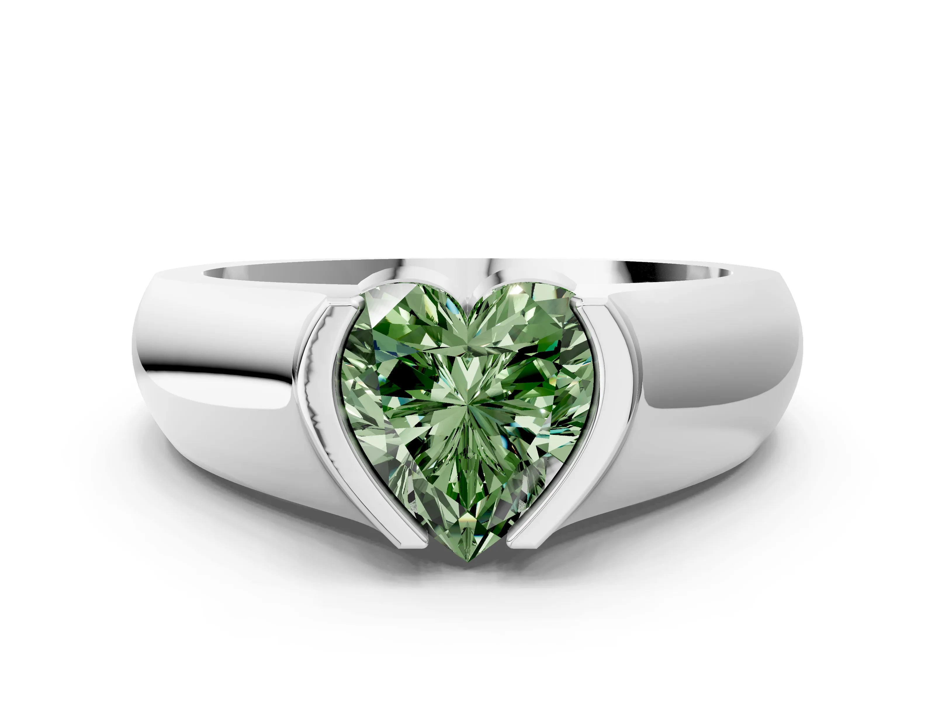 White gold Fancy Green Heart Cut Solitaire Bezel Set Diamond Ring with Wide Band_12