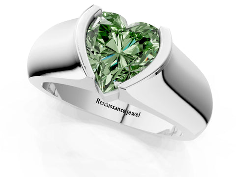 White gold Fancy Green Heart Cut Solitaire Bezel Set Diamond Ring with Wide Band_13