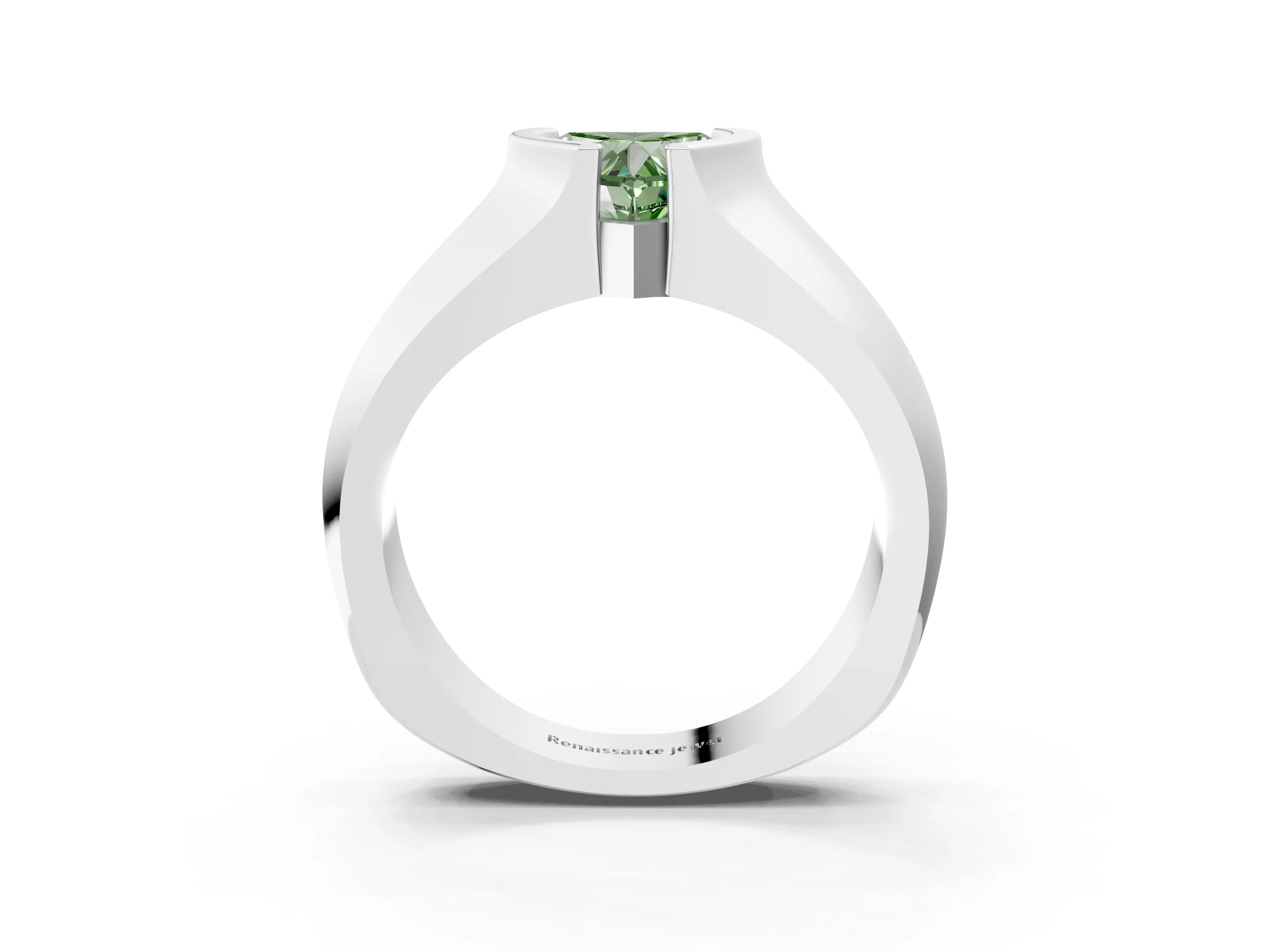 White gold Fancy Green Heart Cut Solitaire Bezel Set Diamond Ring with Wide Band_15
