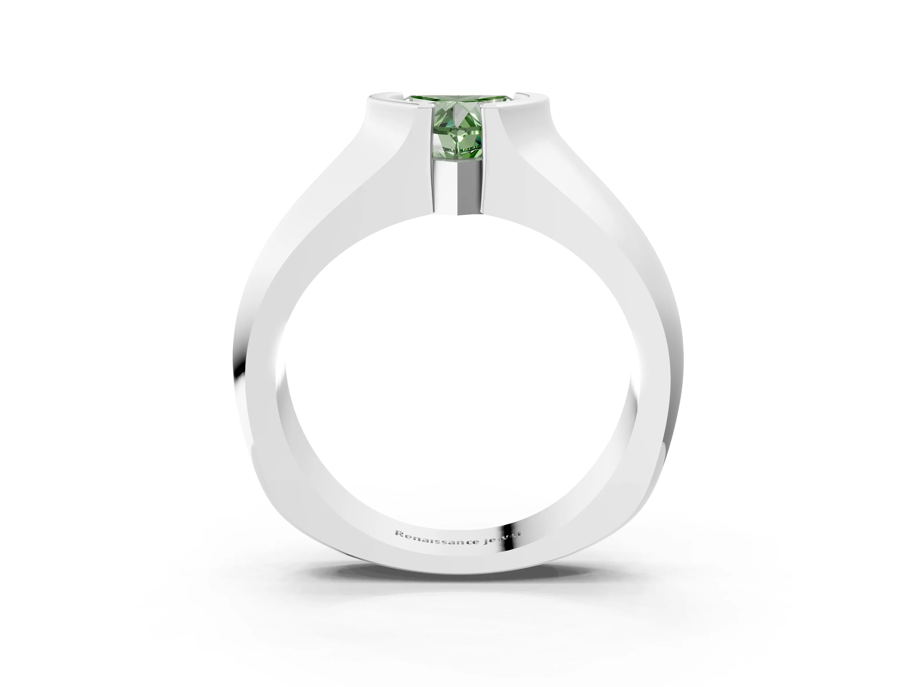 White gold Fancy Green Heart Cut Solitaire Bezel Set Diamond Ring with Wide Band_3