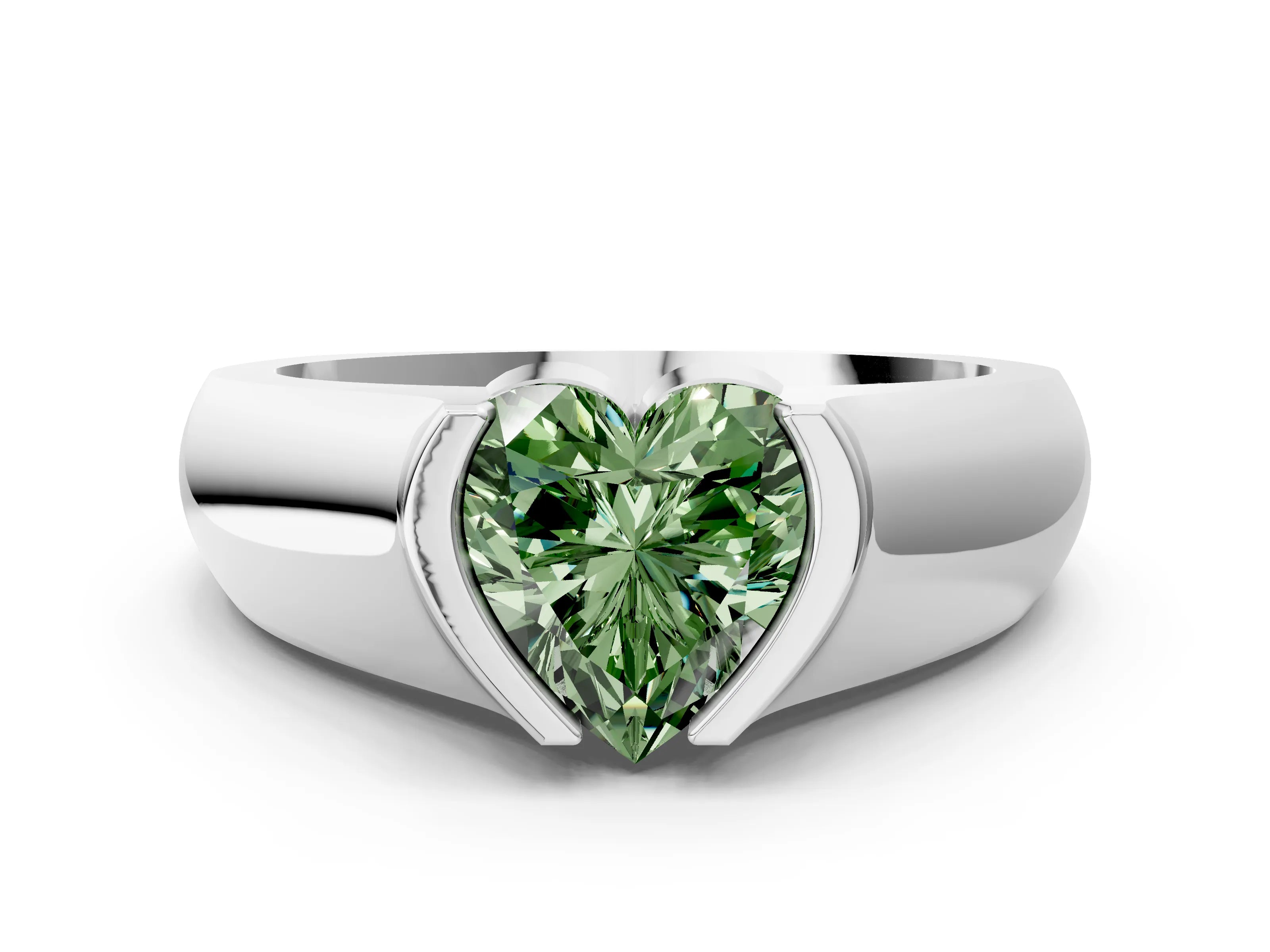 White gold Fancy Green Heart Cut Solitaire Bezel Set Diamond Ring with Wide Band