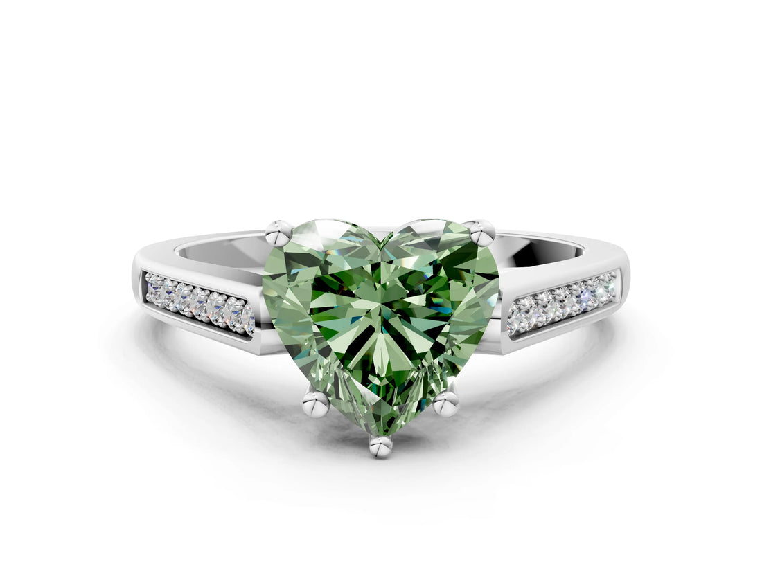 White gold Fancy Green Heart Cut Solitaire Cathedral Diamond Engagement Ring with Channel-Set Band and Four-Prong Setting_15