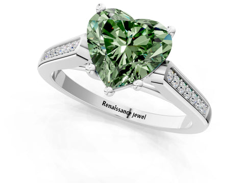 White gold Fancy Green Heart Cut Solitaire Cathedral Diamond Engagement Ring with Channel-Set Band and Four-Prong Setting_4