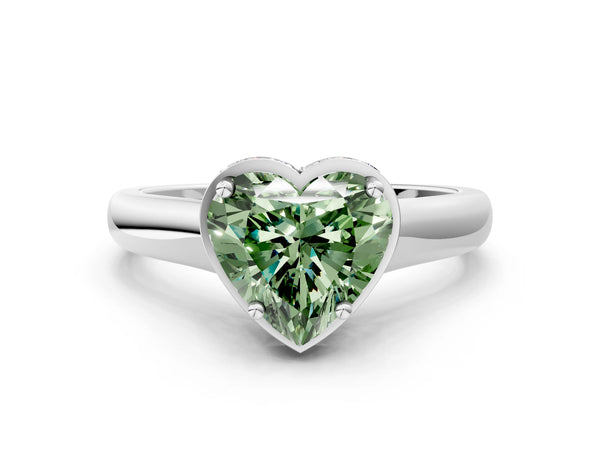 Platinum Fancy Green Heart Cut Solitaire Diamond Engagement Ring with Four-Prong Setting and Tapered Band