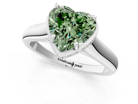 White gold Fancy Green Heart Cut Solitaire Diamond Engagement Ring with Four-Prong Setting and Tapered Band_13