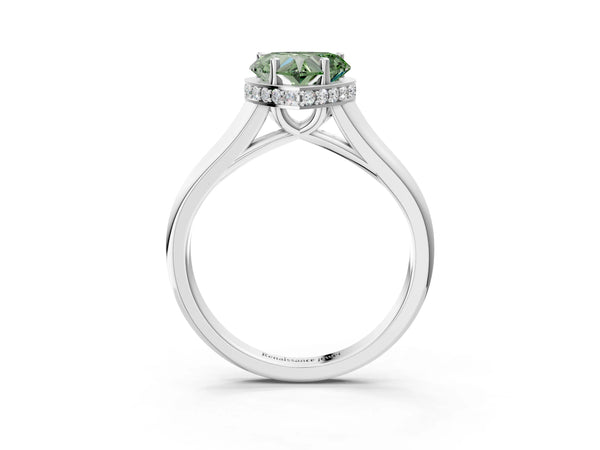 Platinum Fancy Green Heart Cut Solitaire Diamond Engagement Ring with Four-Prong Setting and Tapered Band