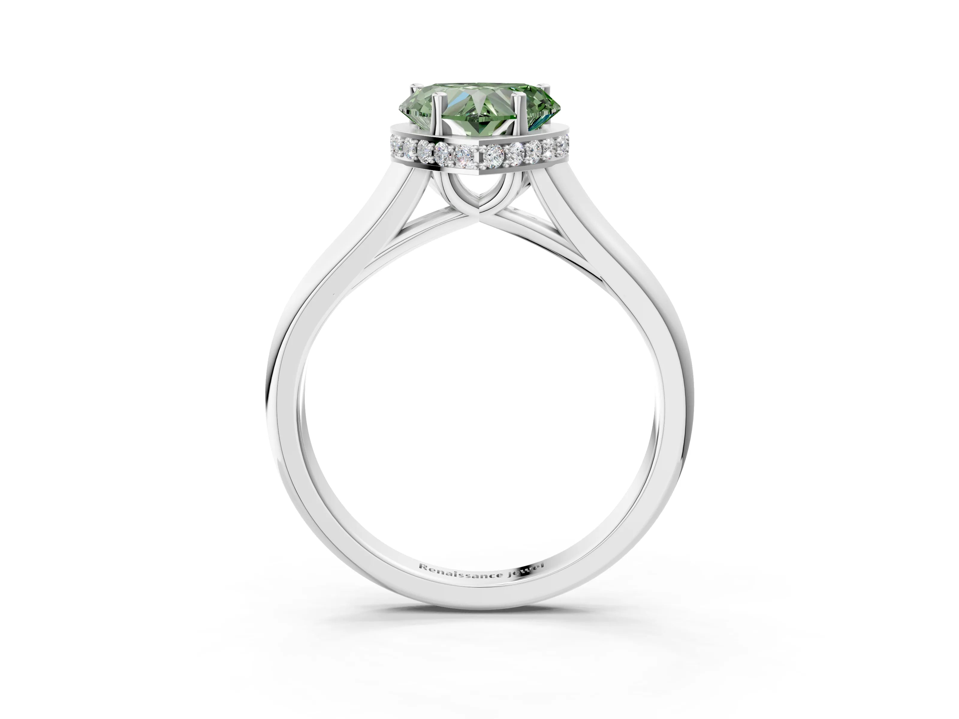 White gold Fancy Green Heart Cut Solitaire Diamond Engagement Ring with Four-Prong Setting and Tapered Band_15