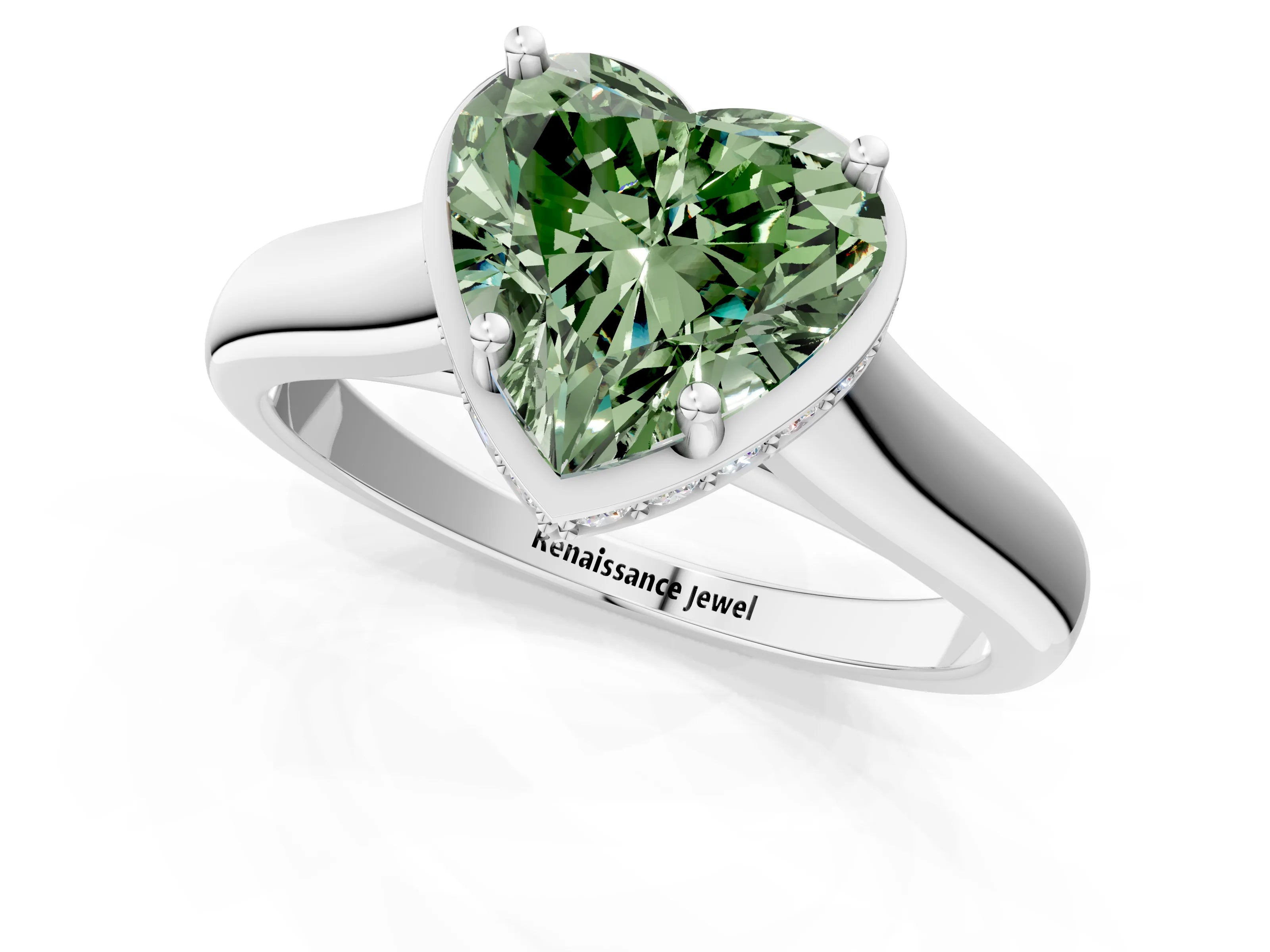 White gold Fancy Green Heart Cut Solitaire Diamond Engagement Ring with Four-Prong Setting and Tapered Band_1