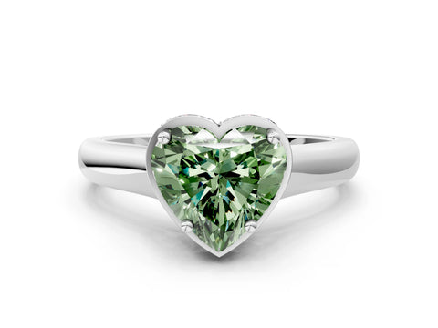 White gold Fancy Green Heart Cut Solitaire Diamond Engagement Ring with Four-Prong Setting and Tapered Band