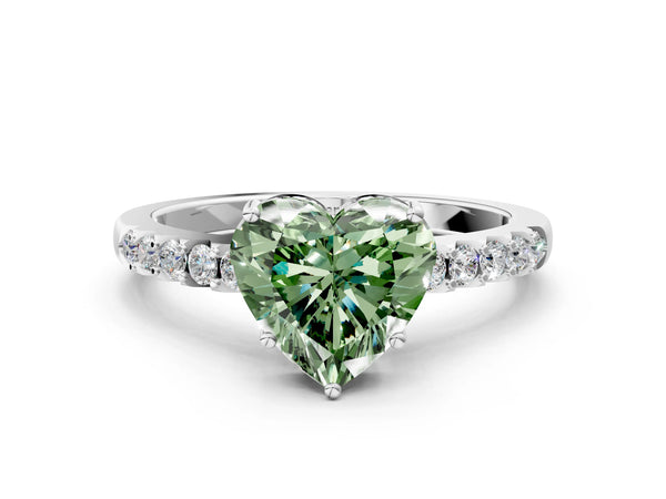 Platinum Fancy Green Heart Cut Solitaire Diamond Engagement Ring with Pavé Band and Six-Prong Setting