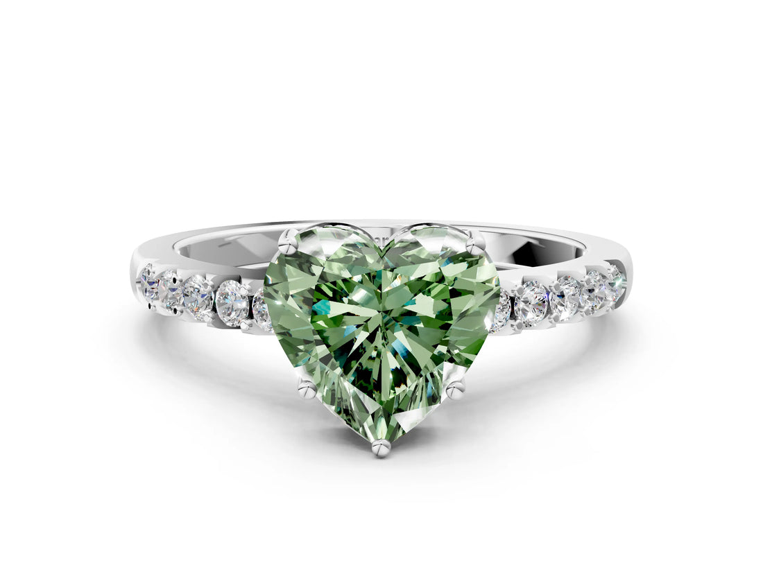 White gold Fancy Green Heart Cut Solitaire Diamond Engagement Ring with Pavé Band and Six-Prong Setting_12