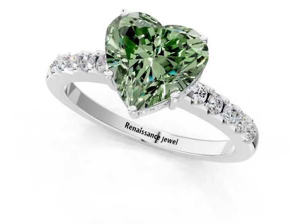 Platinum Fancy Green Heart Cut Solitaire Diamond Engagement Ring with Pavé Band and Six-Prong Setting