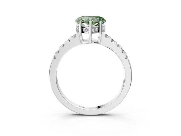 Platinum Fancy Green Heart Cut Solitaire Diamond Engagement Ring with Pavé Band and Six-Prong Setting
