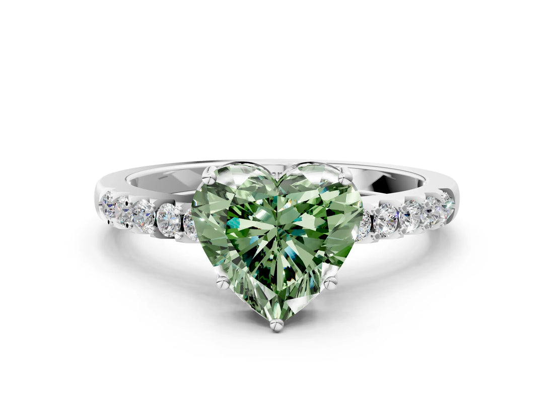 White gold Fancy Green Heart Cut Solitaire Diamond Engagement Ring with Pavé Band and Six-Prong Setting_24