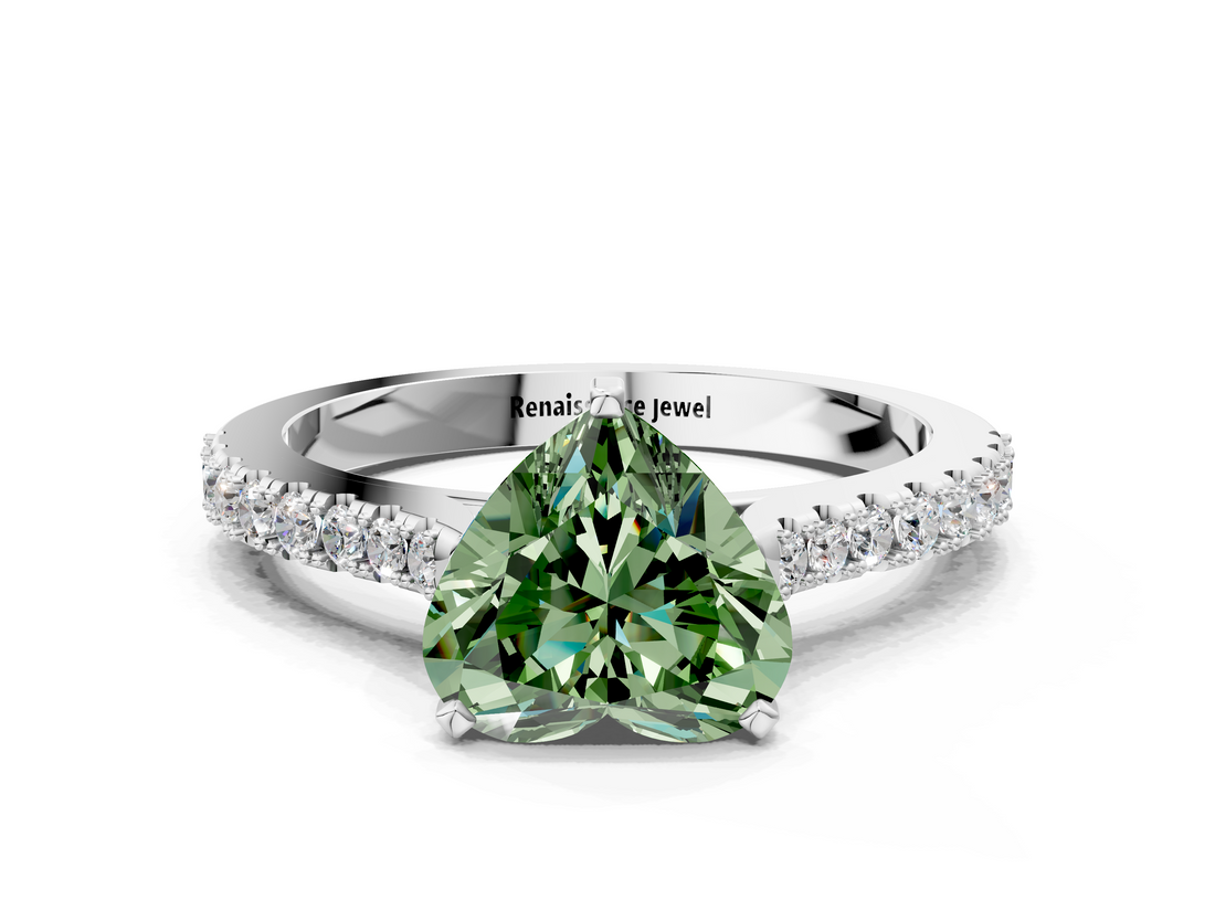 White gold Fancy Green Heart  Cut Solitaire Diamond Engagement Ring with Pave Band and Four-Prong Setting