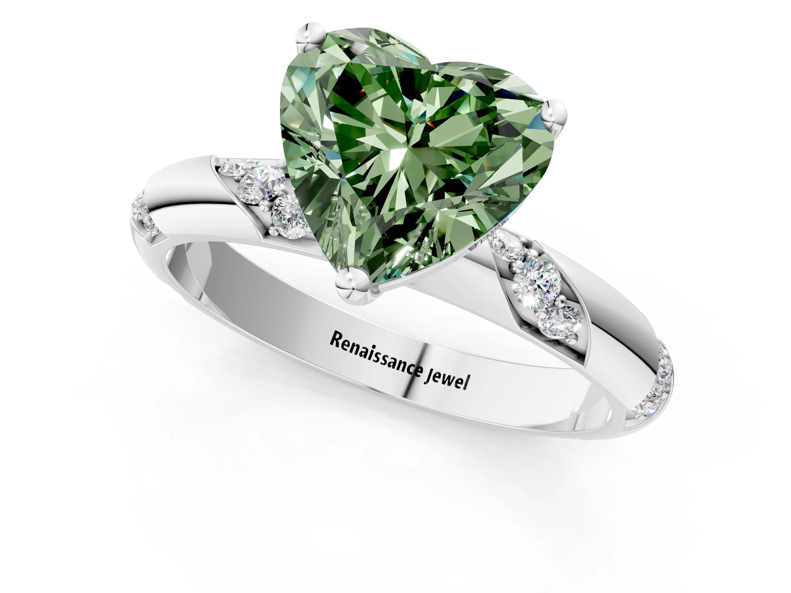 White gold Fancy Green Heart Cut Solitaire Diamond Engagement Ring with Twisted Pave Band and Four-Prong Setting_20