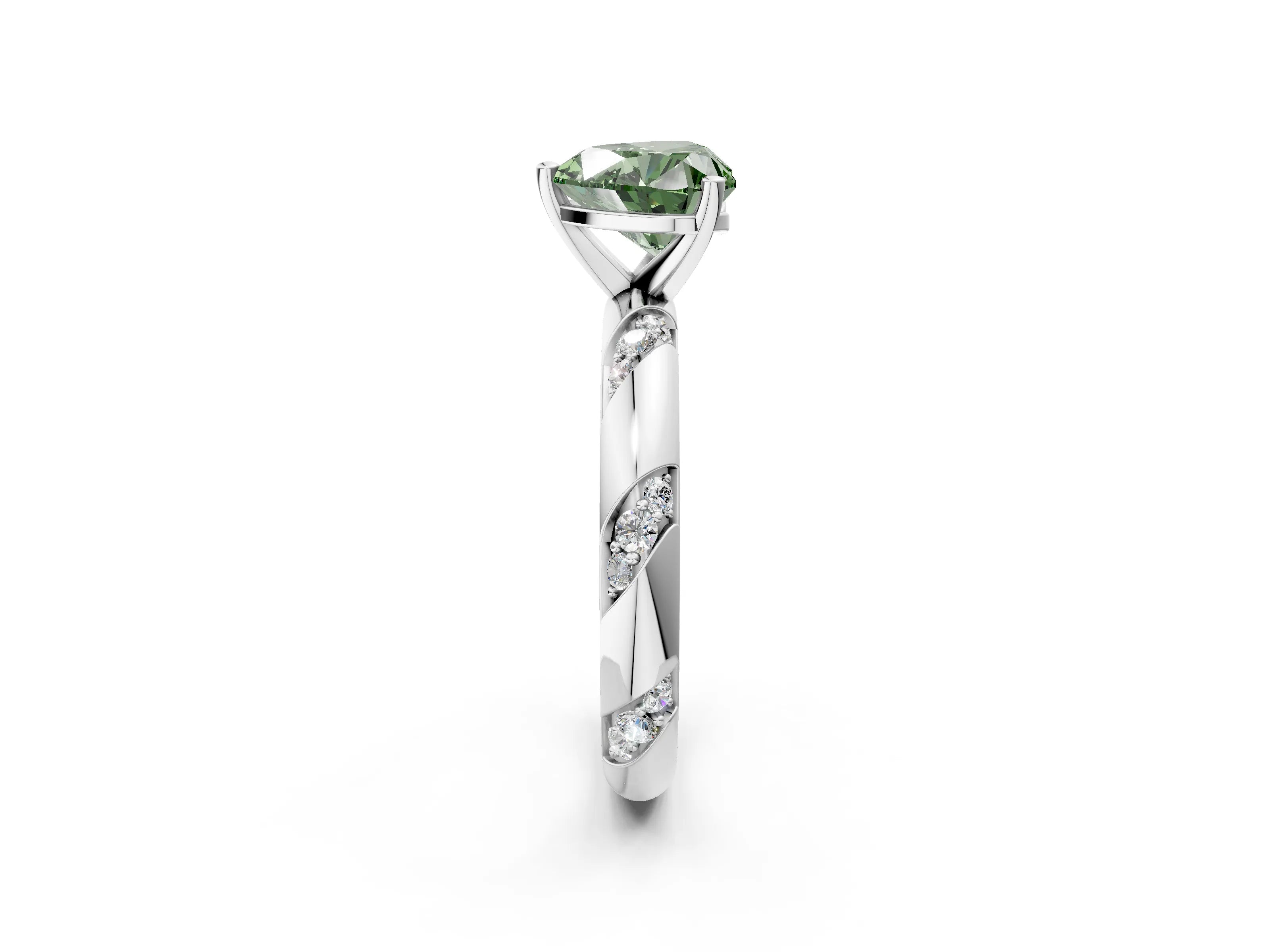 White gold Fancy Green Heart Cut Solitaire Diamond Engagement Ring with Twisted Pave Band and Four-Prong Setting_21