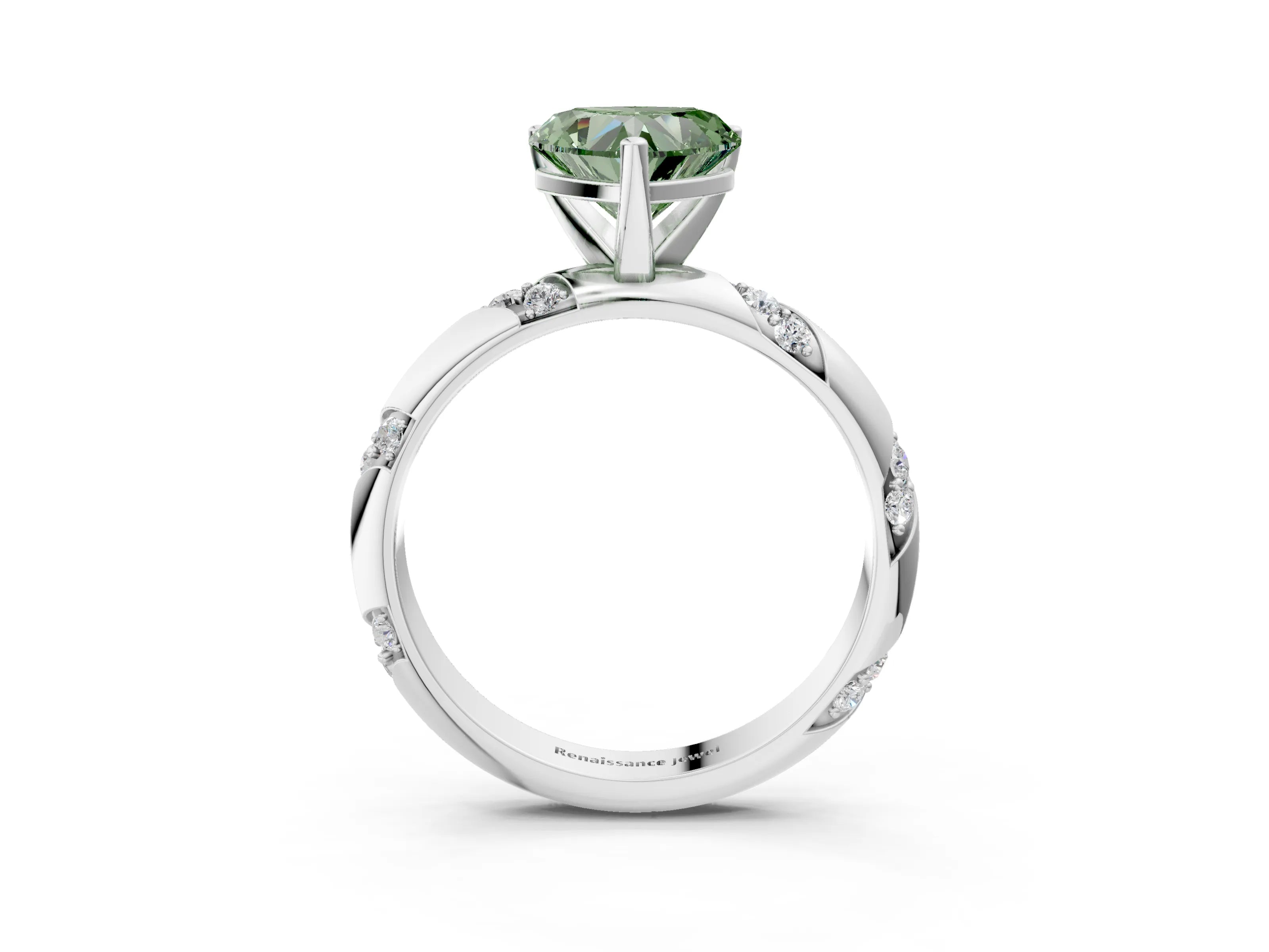 White gold Fancy Green Heart Cut Solitaire Diamond Engagement Ring with Twisted Pave Band and Four-Prong Setting_22