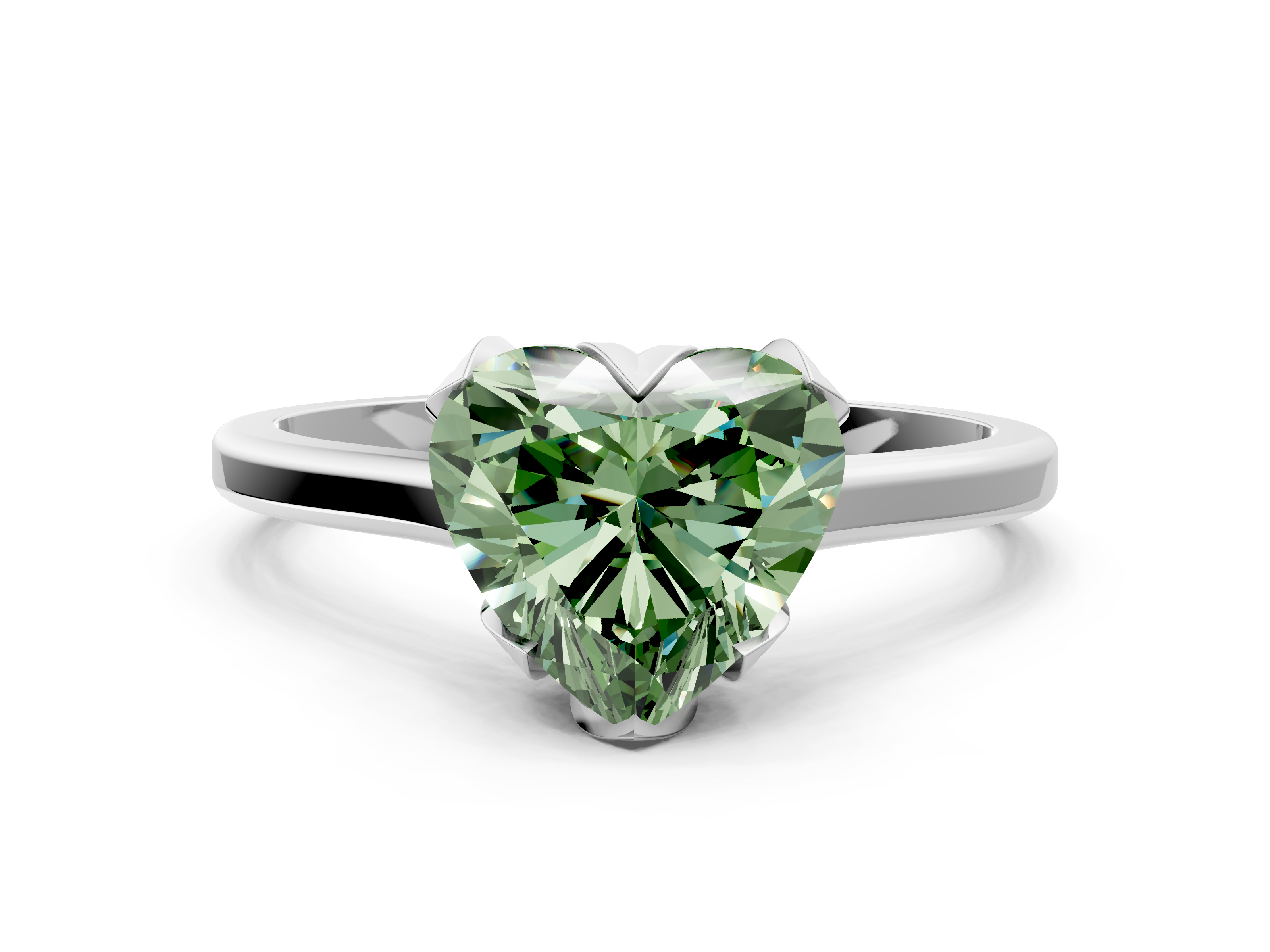 White gold Fancy Green Heart  Cut Solitaire Diamond Ring with Flower-Prong Setting and Classic Band