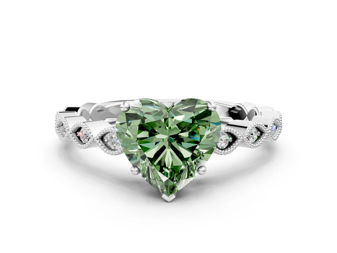 White gold Fancy Green Heart Cut Solitaire Diamond Ring with Infinity Twist Band and Four-Prong Setting