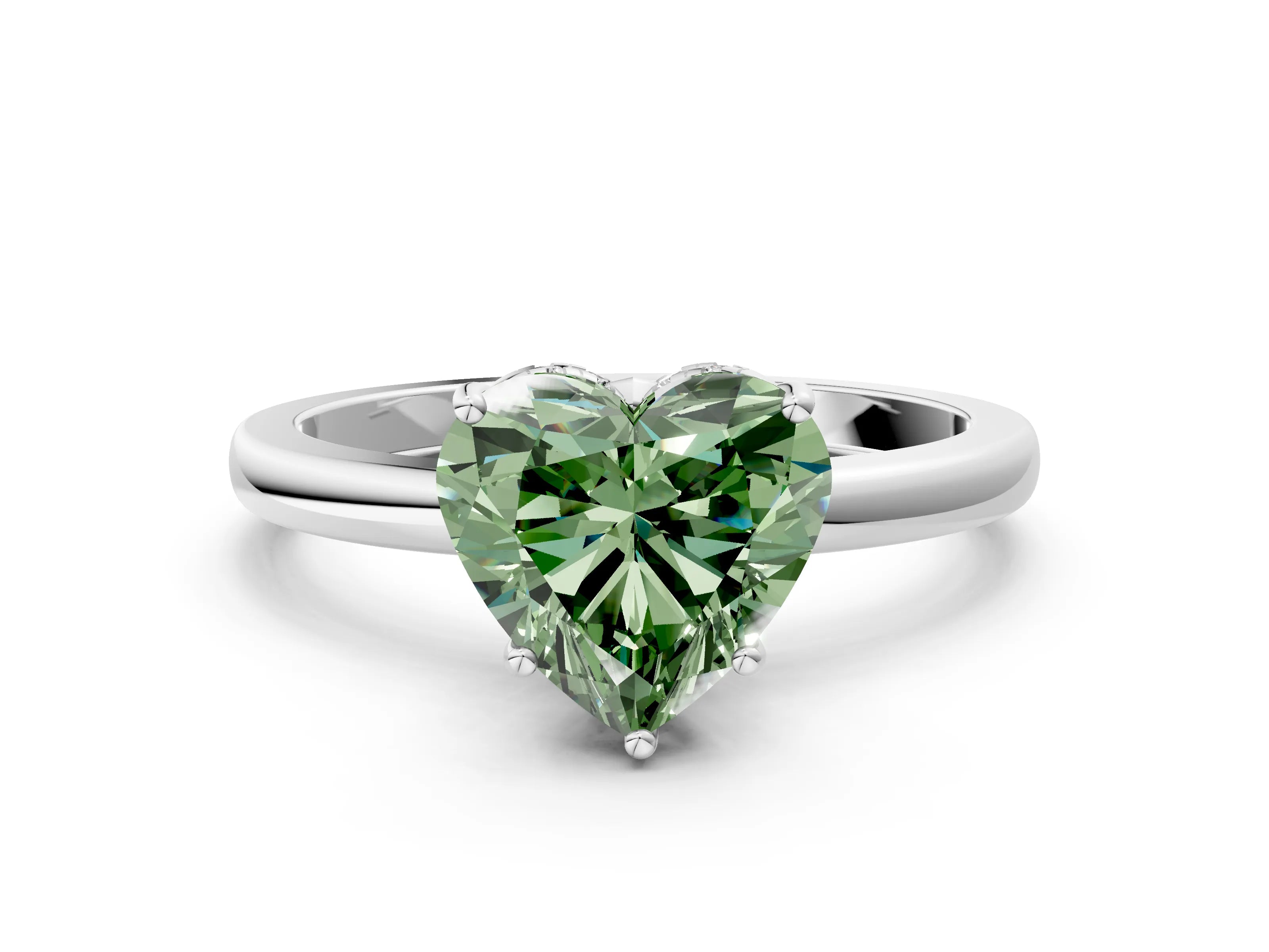 White gold Fancy Green Heart Cut Solitaire Diamond Ring with Prong Setting and Plain Band_12