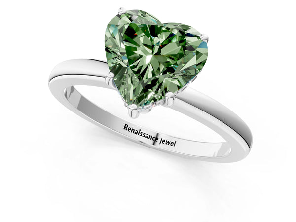 Platinum Fancy Green Heart Cut Solitaire Diamond Ring with Prong Setting and Plain Band