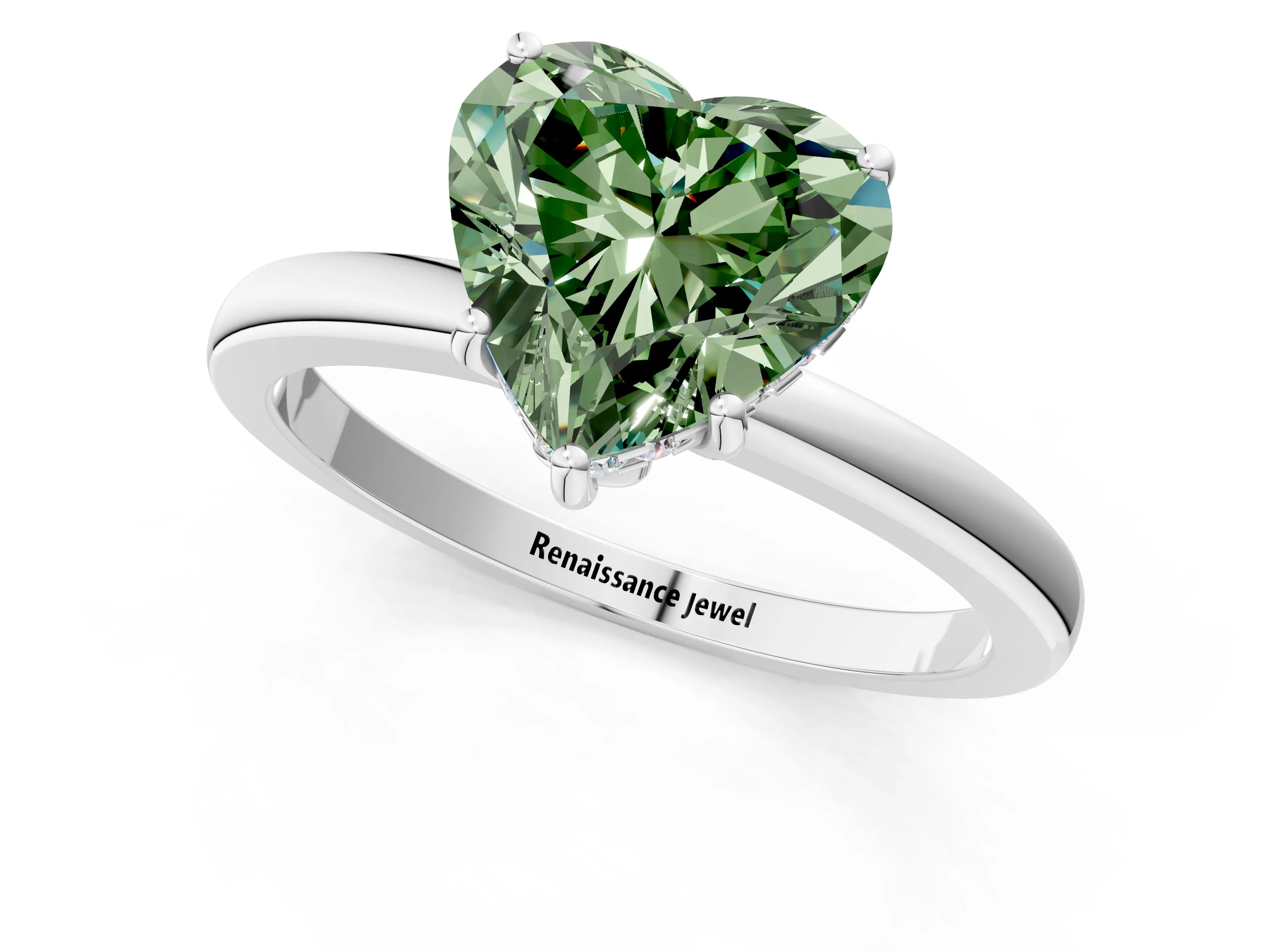 White gold Fancy Green Heart Cut Solitaire Diamond Ring with Prong Setting and Plain Band_13