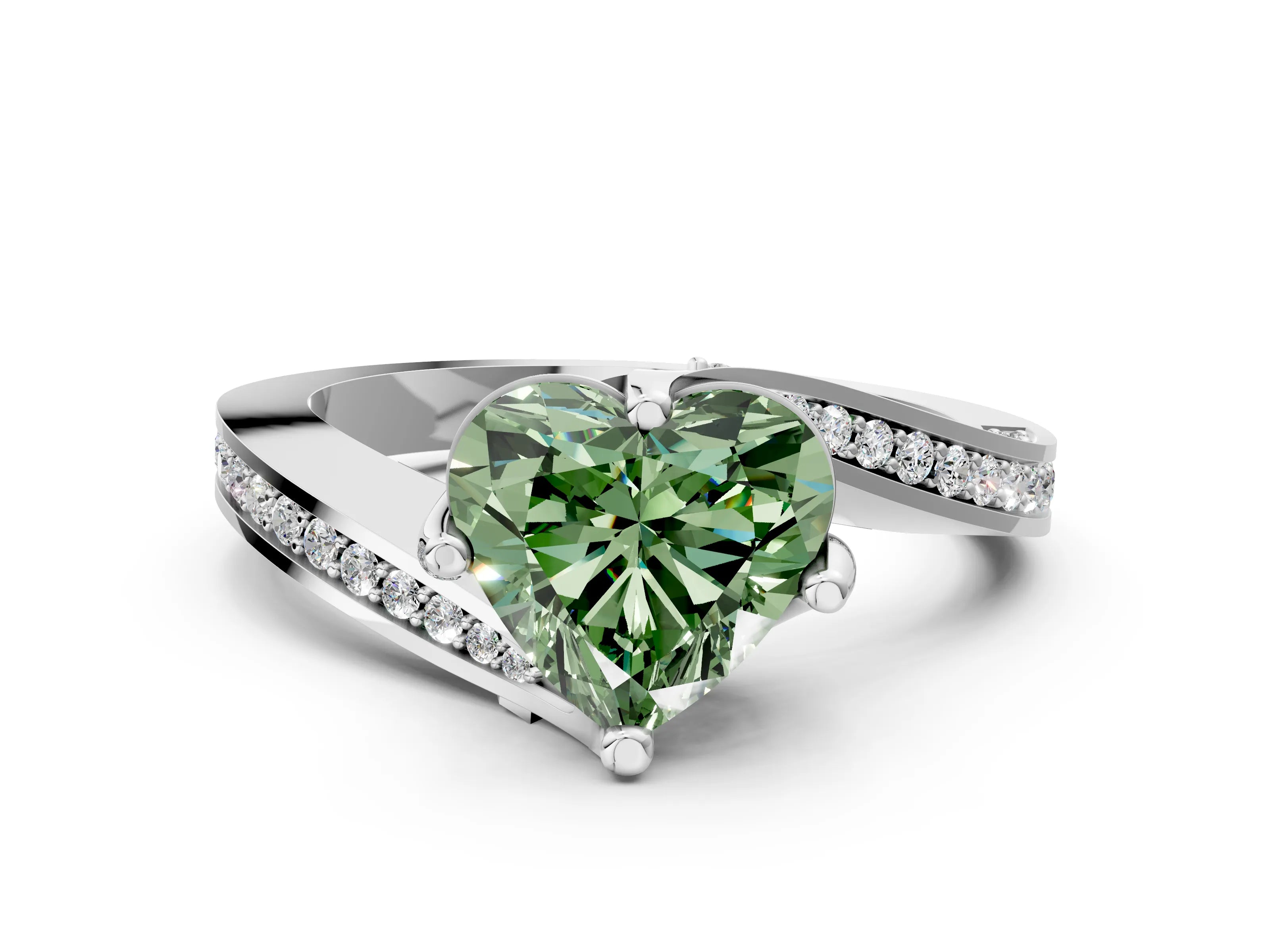 White gold Fancy Green Heart Cut Solitaire Diamond Twist Band with Pavé Setting and Four-Prong Setting_12