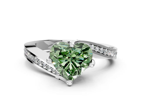 White gold Fancy Green Heart Cut Solitaire Diamond Twist Band with Pavé Setting and Four-Prong Setting_12