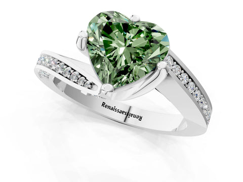 White gold Fancy Green Heart Cut Solitaire Diamond Twist Band with Pavé Setting and Four-Prong Setting_13