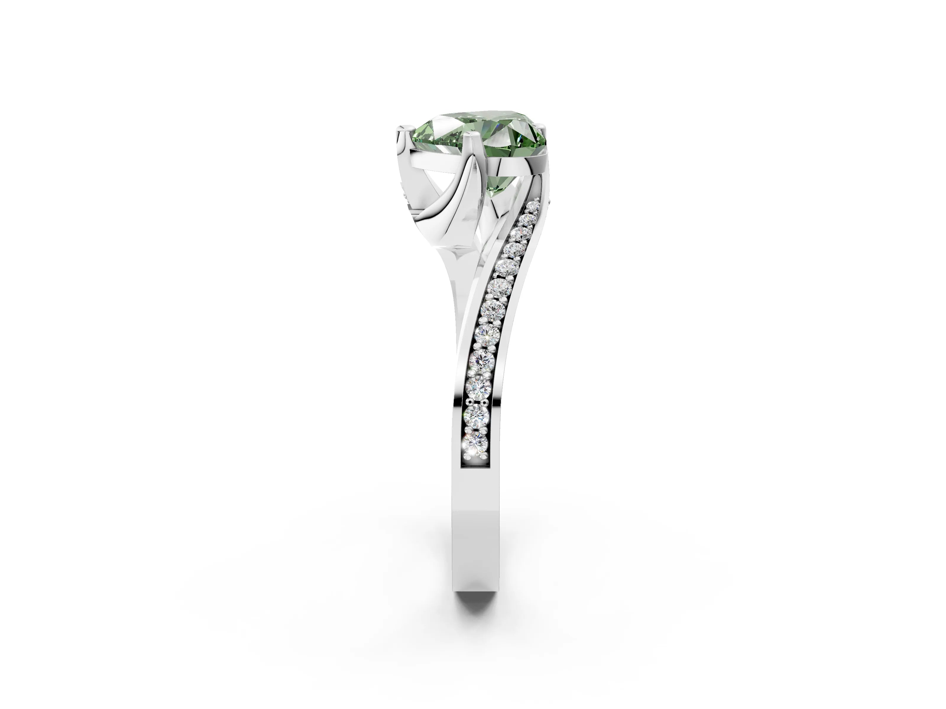 White gold Fancy Green Heart Cut Solitaire Diamond Twist Band with Pavé Setting and Four-Prong Setting_14