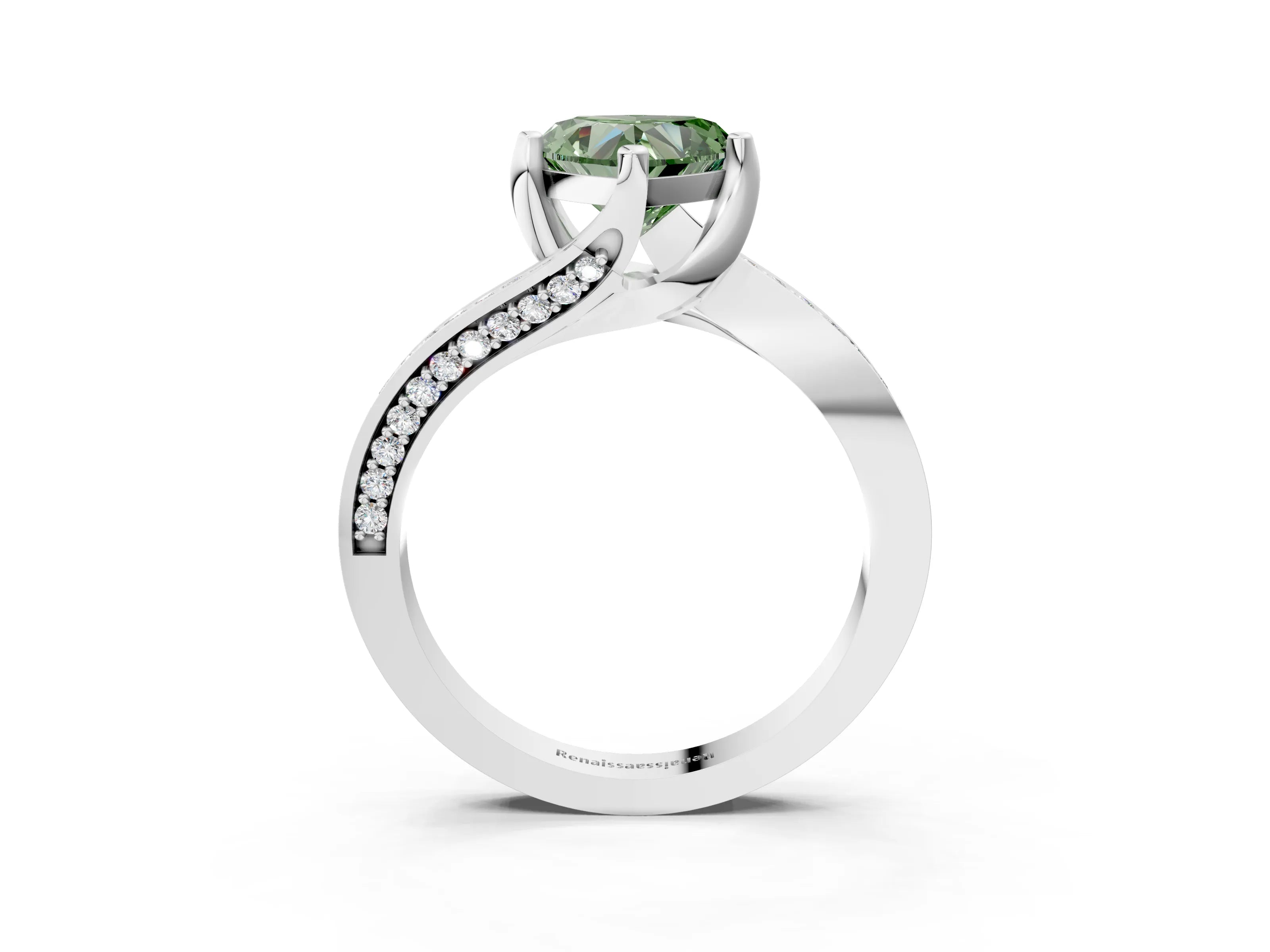 White gold Fancy Green Heart Cut Solitaire Diamond Twist Band with Pavé Setting and Four-Prong Setting_15