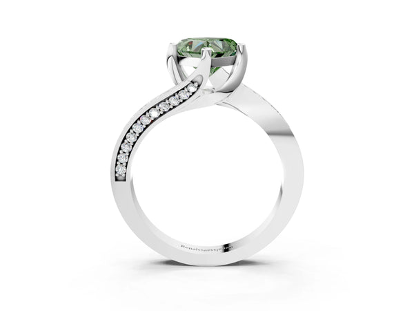 Platinum Fancy Green Heart Cut Solitaire Diamond Twist Band with Pavé Setting and Four-Prong Setting