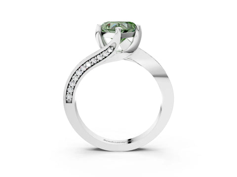 White gold Fancy Green Heart Cut Solitaire Diamond Twist Band with Pavé Setting and Four-Prong Setting_3