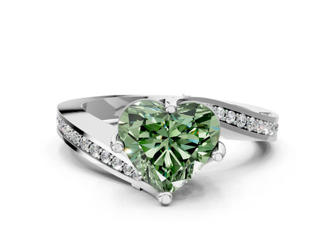 White gold Fancy Green Heart Cut Solitaire Diamond Twist Band with Pavé Setting and Four-Prong Setting