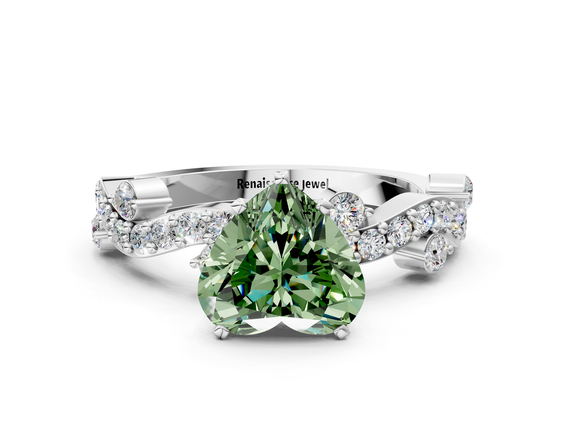 White gold Fancy Green Heart  Cut Solitaire Diamond Twisted Band with Pave Setting
