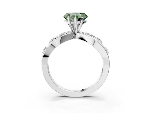 Platinum Fancy Green Heart  Cut Solitaire Diamond with Side Stones on Criss-Cross Band and Four-Prong Setting
