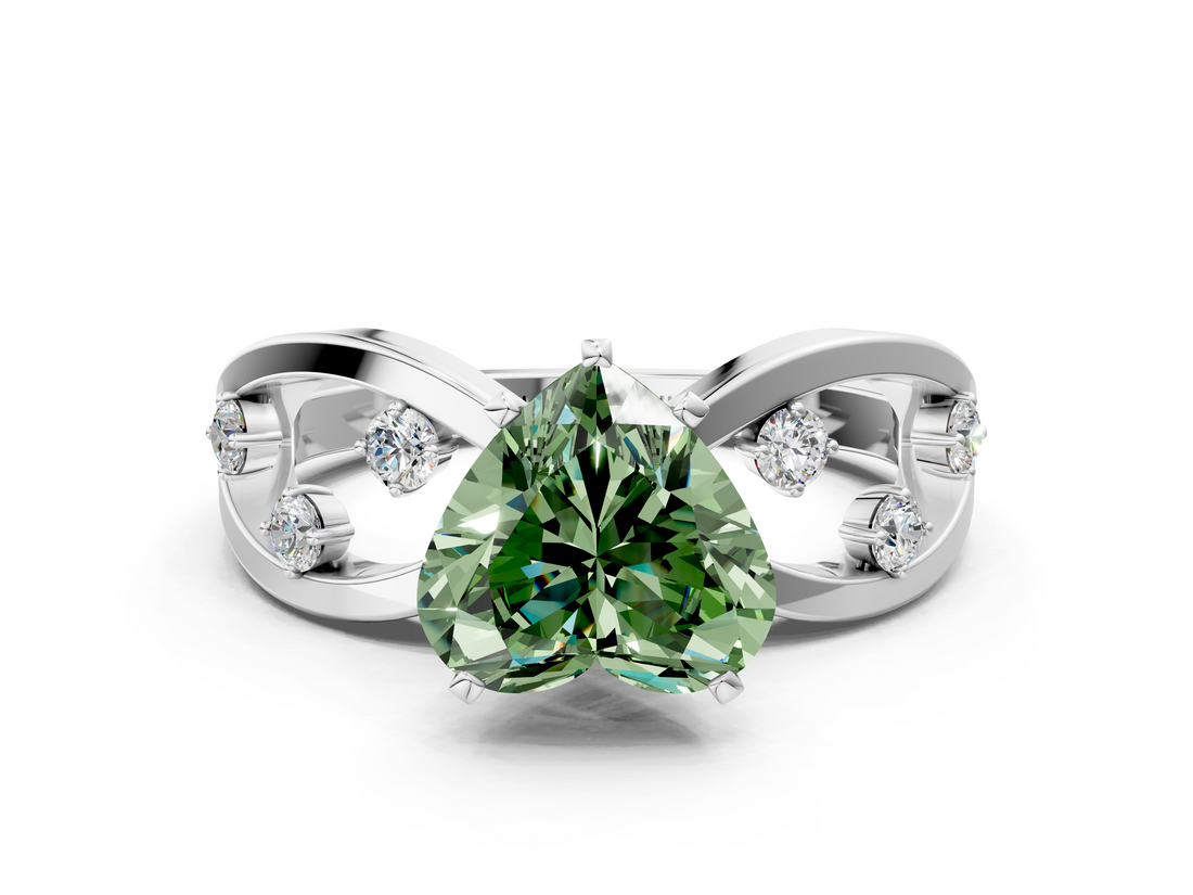 White gold Fancy Green Heart  Cut Solitaire Diamond with Side Stones on Criss-Cross Band and Four-Prong Setting