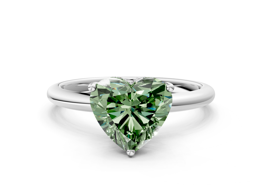 White gold Fancy Green Heart  Cut Solitaire Engagement Ring with Four-Prong Setting and Classic Band