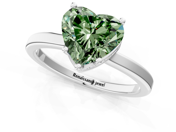 White gold Fancy Green Heart  Cut Solitaire Engagement Ring with Four-Prong Setting on a Classic Band