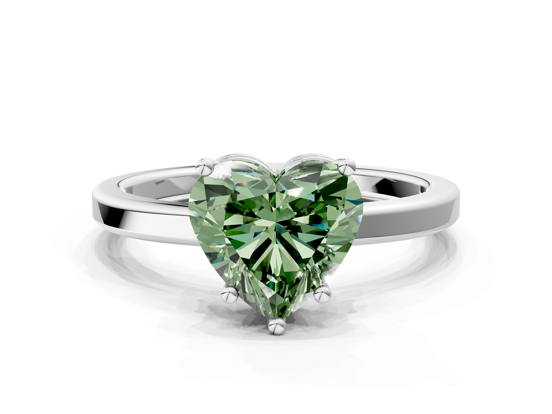 White gold Fancy Green Heart  Cut Solitaire Engagement Ring with Four-Prong Setting on a Classic Band